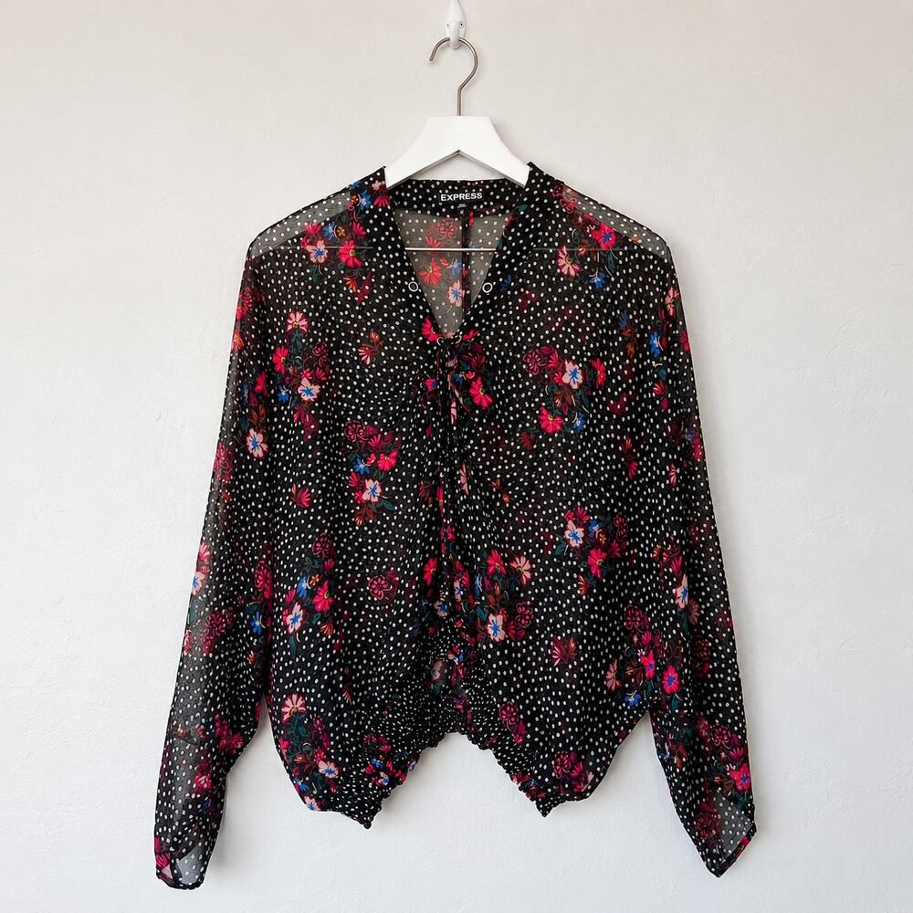 Express Black Floral Polka Dot Sheer Blouse Medium